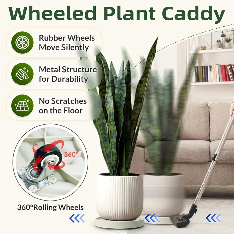 REDHUGO 2PCS Round Plant Caddy with Hidden Wheels, Heavy Duty Rolling Plant Stand Caddy with Wheels, Pot Base for Indoor Outdoor, Beige, 11 inches - Image 4